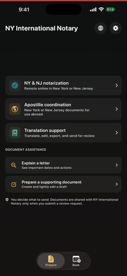 NY International Notary app preparation screen